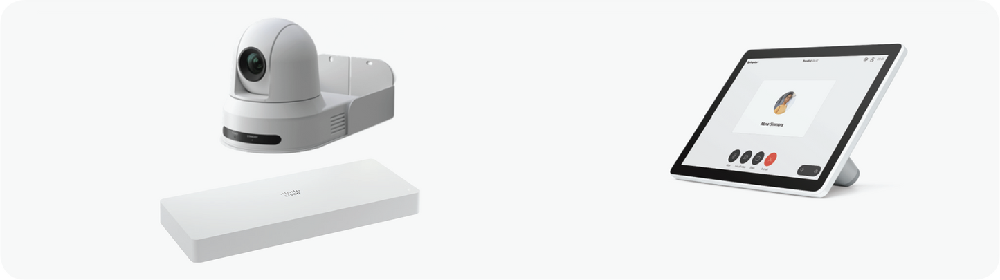 White Microsoft Surface Pro tablet with webcam and stand on Cisco Room Kit Plus