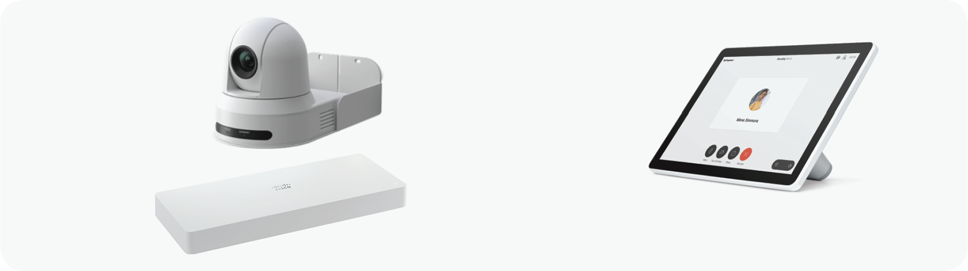 White Microsoft Surface Pro tablet with webcam and stand on Cisco Room Kit Plus