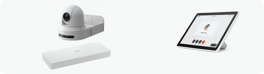 White Microsoft Surface Pro tablet with webcam and stand on Cisco Room Kit Plus