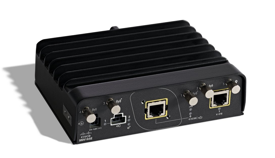 Black Cisco IW9165E-Z-AP industrial access point with ribbed heat sink and multiple ethernet ports visible from back side