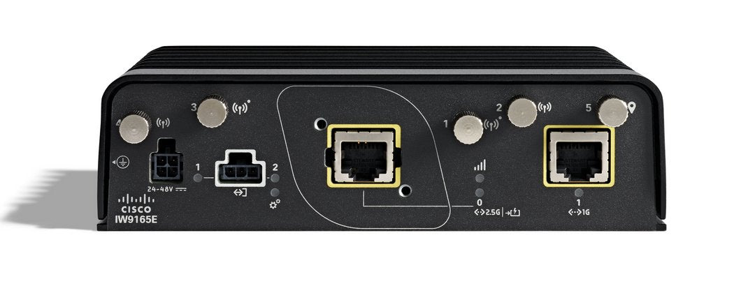 Black cisco iw9165e catalyst wi-fi 6e industrial access point with two ethernet ports and three front indicators