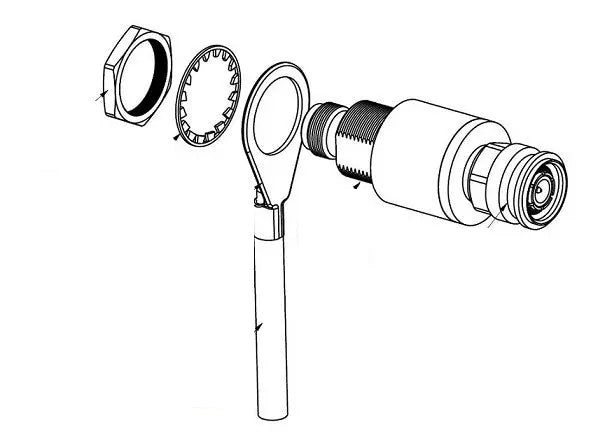 Disassembled cisco plg-pwrjck dc power jack plug with threaded components and cylindrical metal body for lorawan gateway