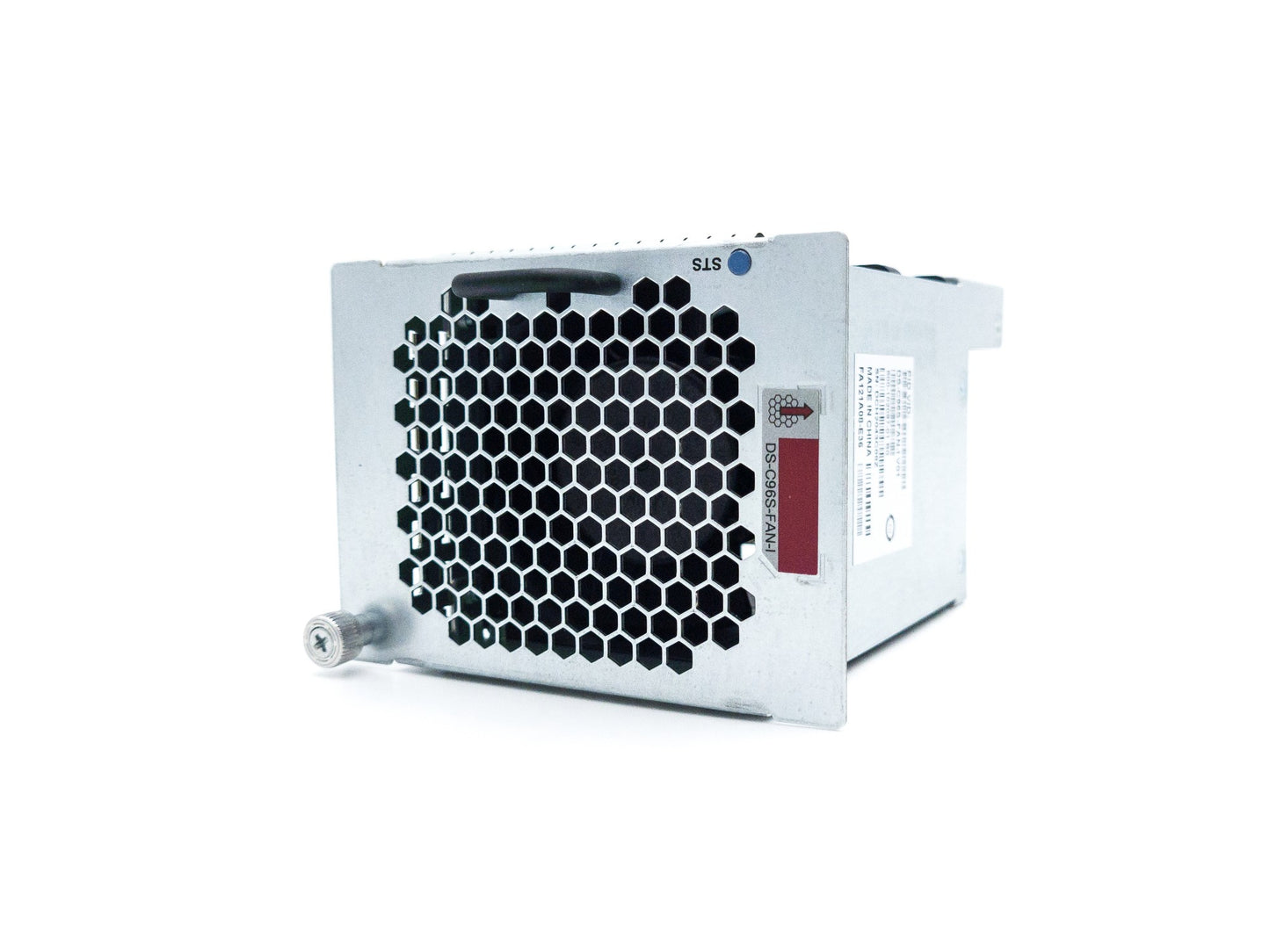 Cisco DS-C96S-FAN-I fan tray with silver PSU, honeycomb pattern, red label