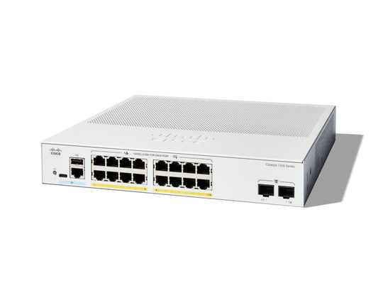 Cisco C1200-16P-2G | 16x 1G PoE+ ports, 2x 1G SFP uplinks; Smart managed (no subscription)