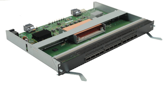 Aruba R0X45C silver server rack with green circuit board and black QSFP28 ports
